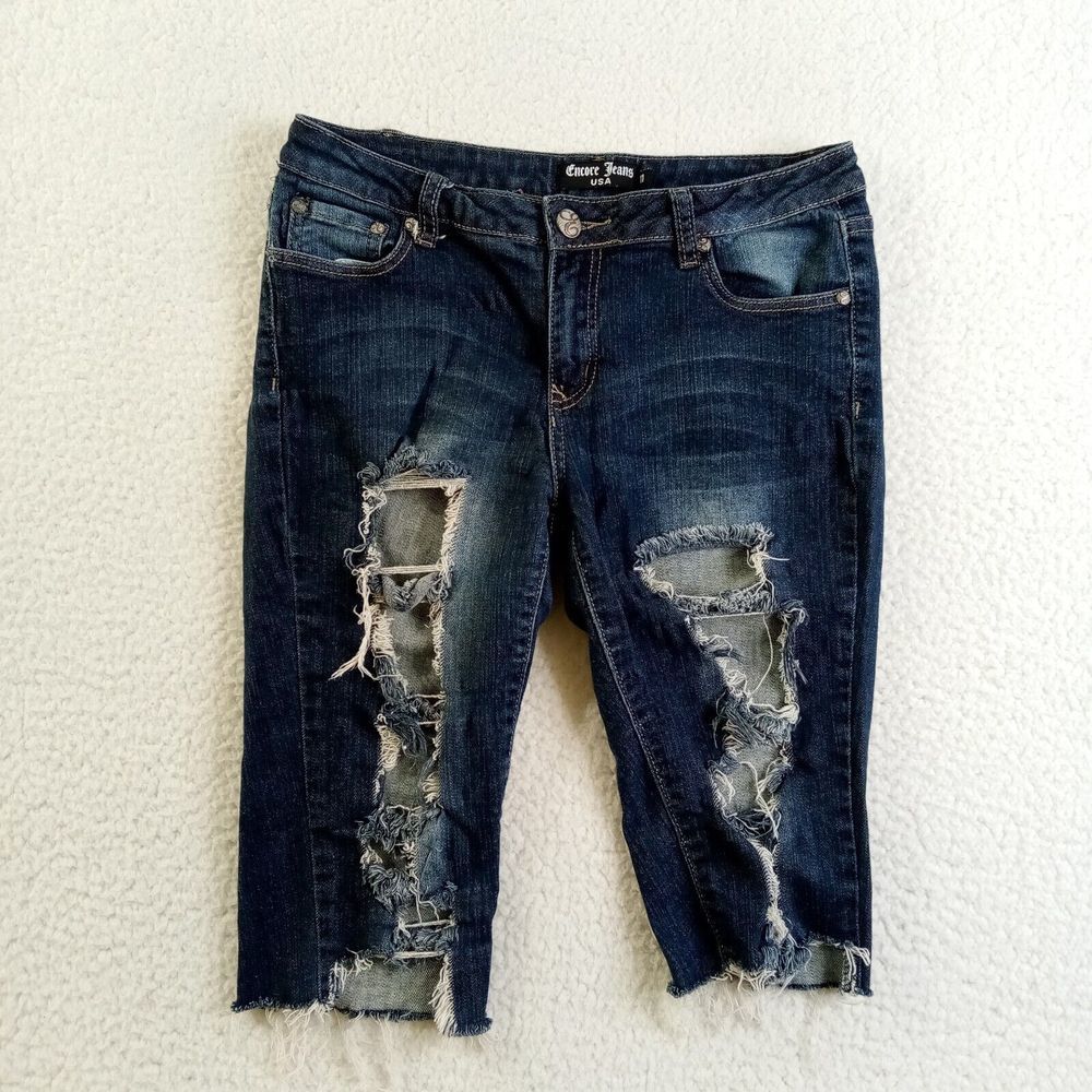 Encore Jeans Shorts Juniors 11 Cotton Distressed Destructed Midi Blue Denim